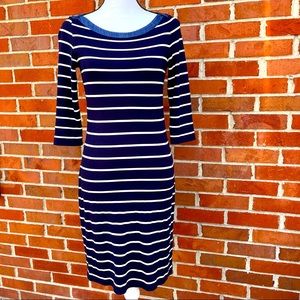Tommy Hilfiger Blue & White Striped 3/4 Sleeve Boat Neck Sheath Dress Small